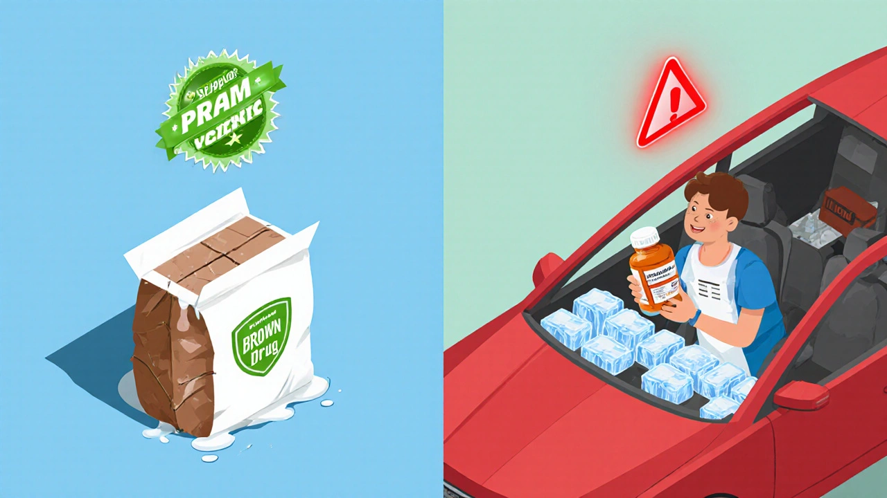 Contrasting safe white bagging delivery with risky brown bagging in a hot car.