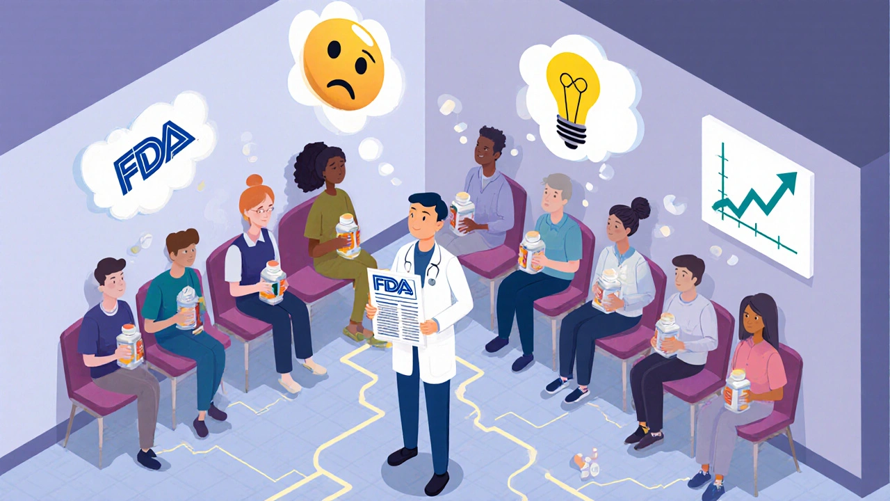 Diverse patients in a clinic with thought bubbles showing concerns and understanding, connected by pharmacist&#039;s conversation.