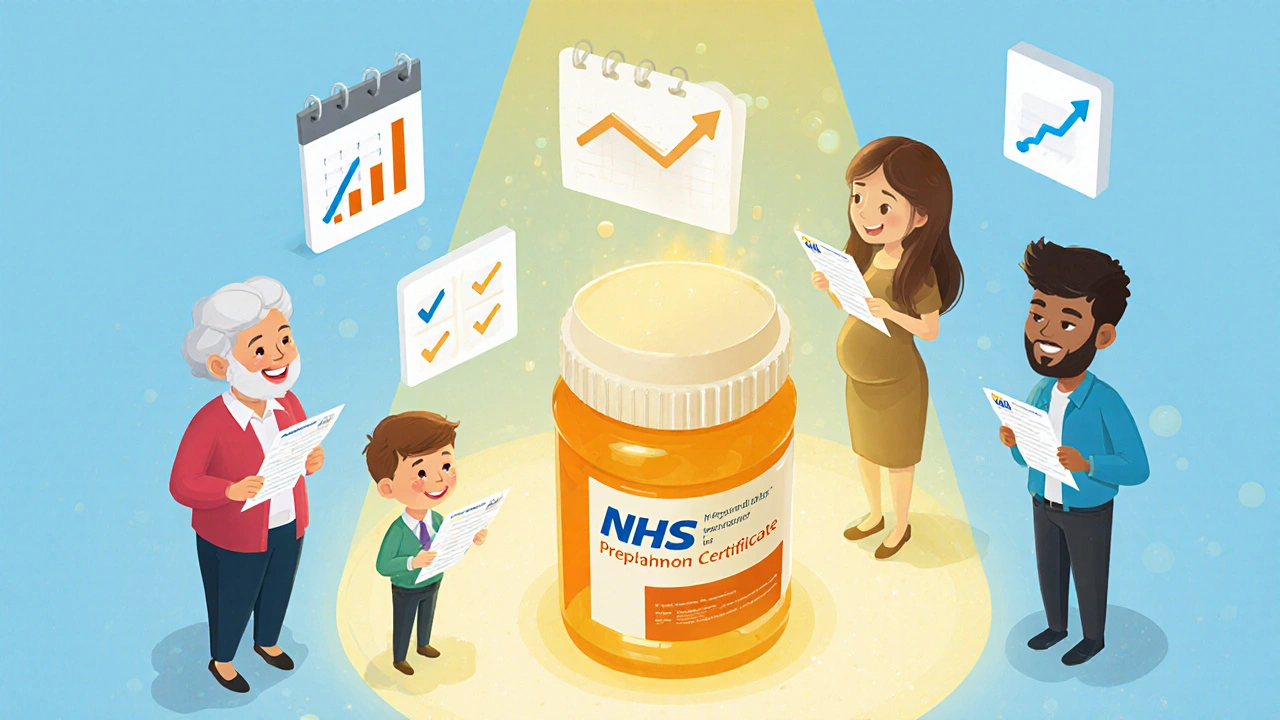 Diverse people benefiting from NHS prepayment certificate with glowing savings icons.