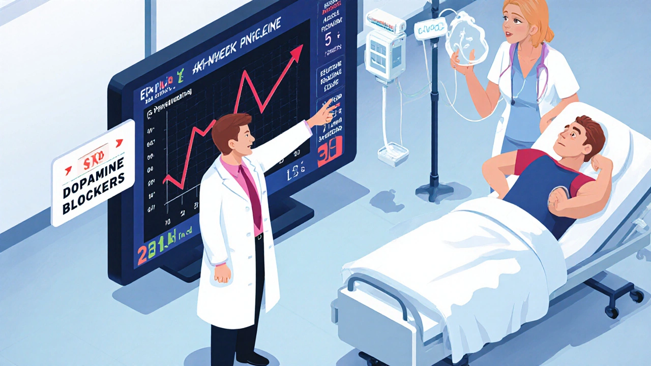 Doctor monitoring vital signs as nurse treats NMS patient with cooling blanket and IV fluids