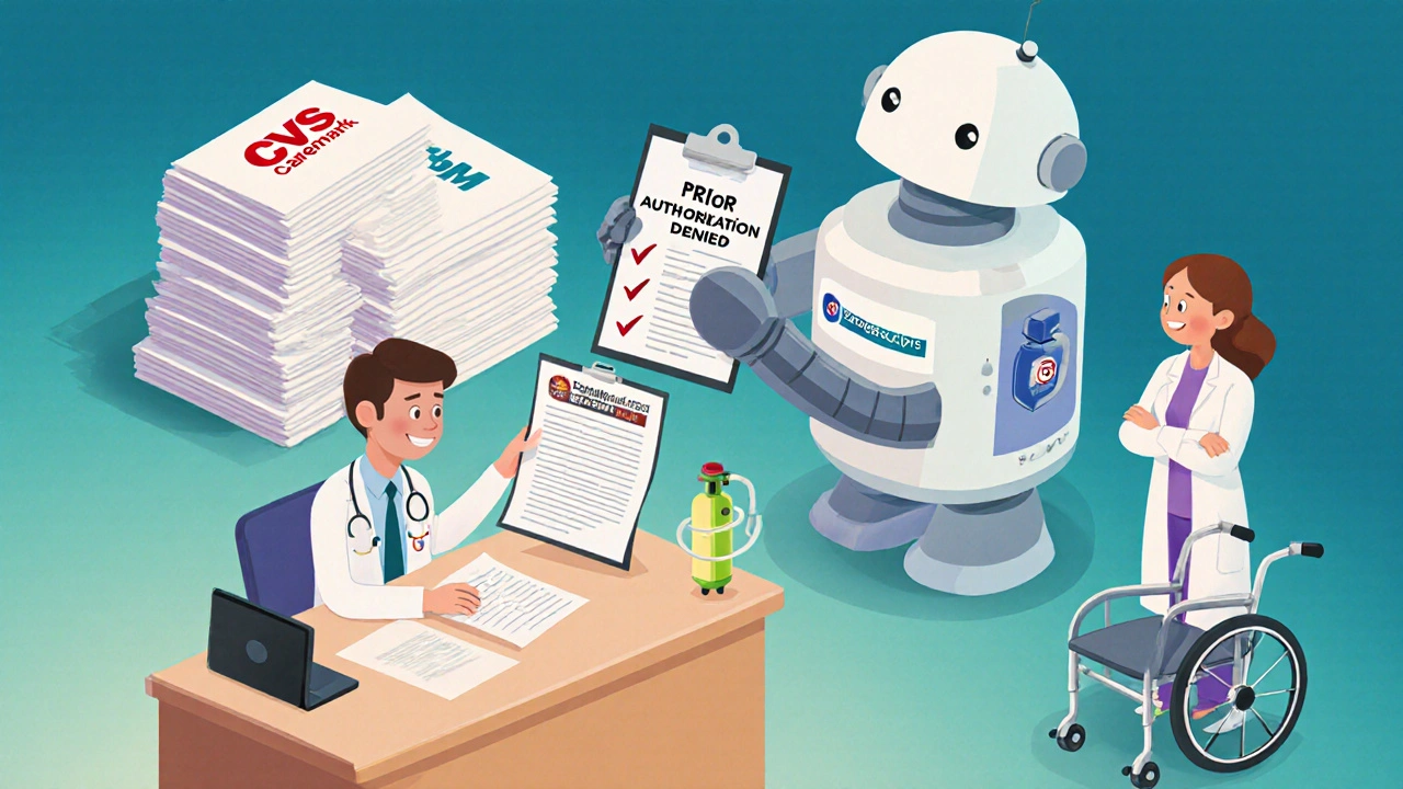 Doctor submitting paperwork to a cartoon PBM robot while a patient waits hopefully.