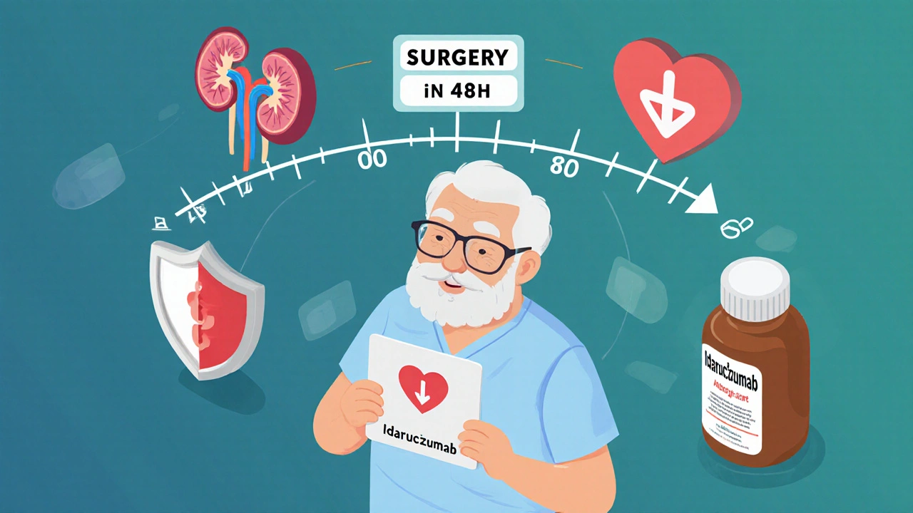 Elderly patient with anticoagulant card and surgery timeline surrounded by medical icons