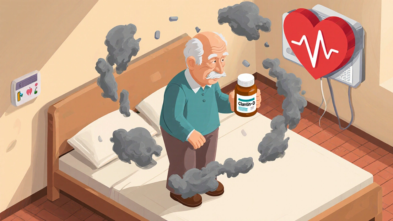 Elderly person dizzy beside bed with pill bottle and erratic heart monitor