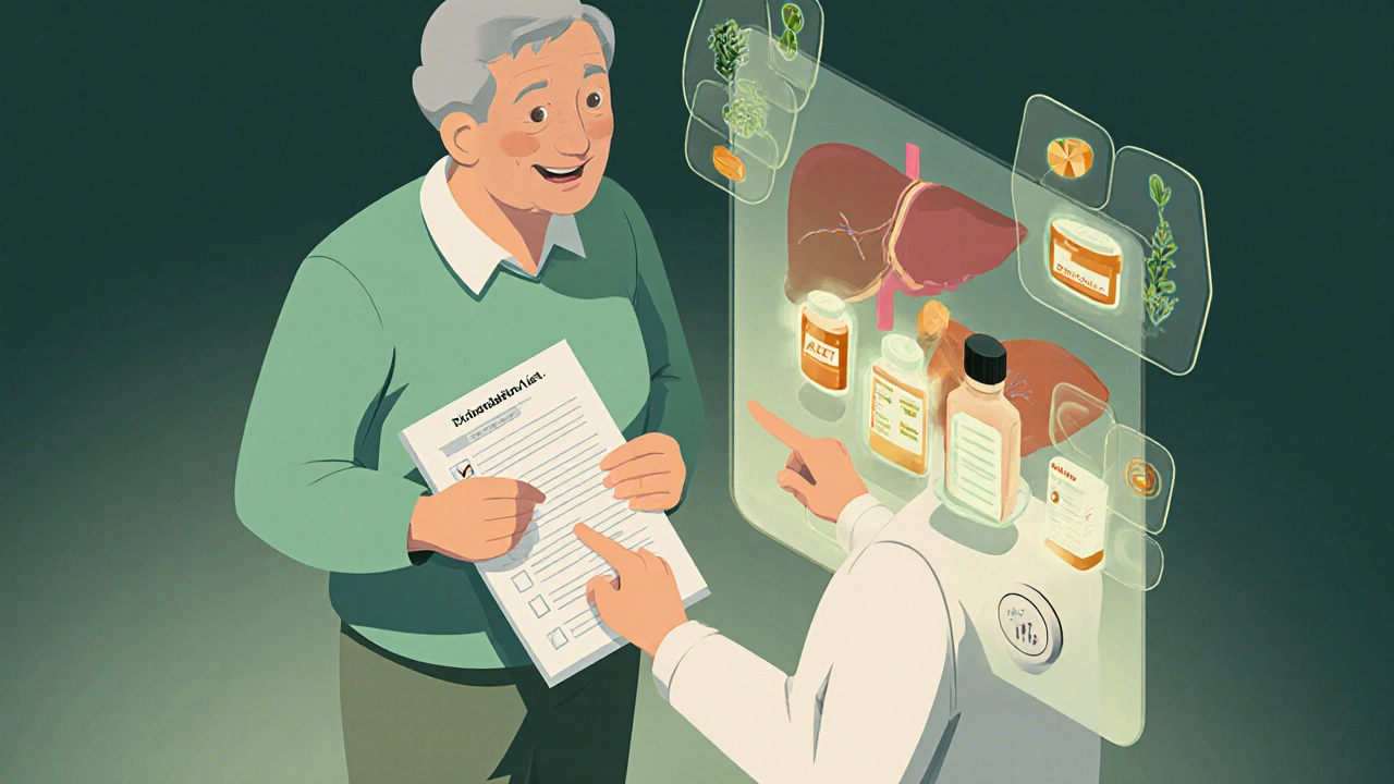 Elderly person with medication list talking to pharmacist, digital interaction checker in background.