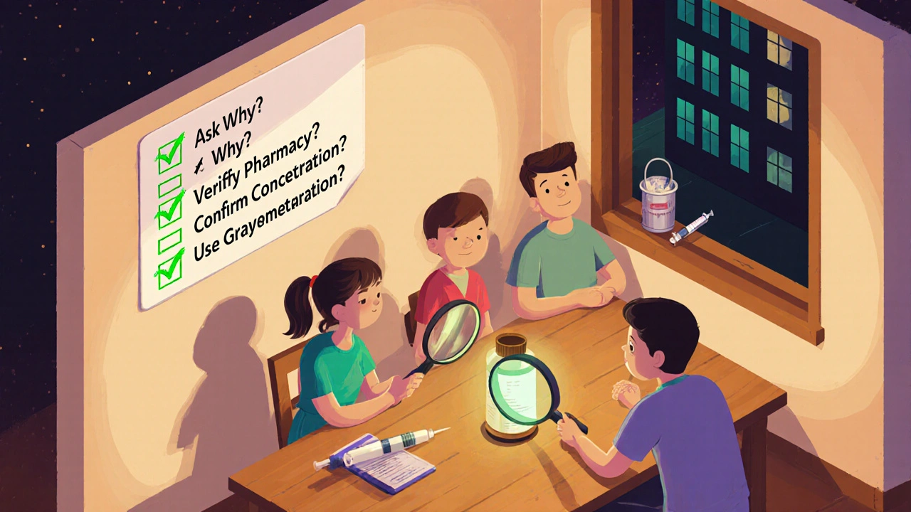 Family examining medication bottle at kitchen table with safety checklist on the wall behind them.