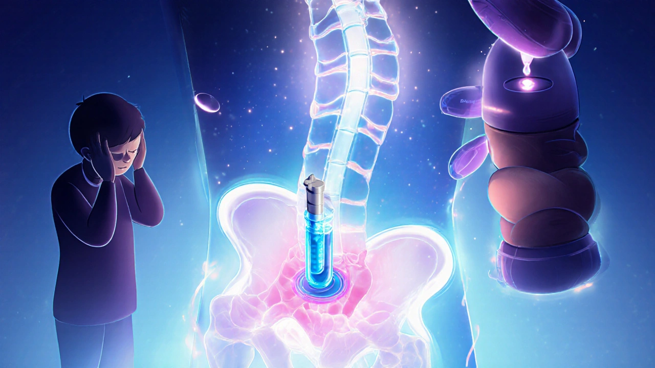 Implanted baclofen pump delivering medication to spine, with tension relief radiating outward.