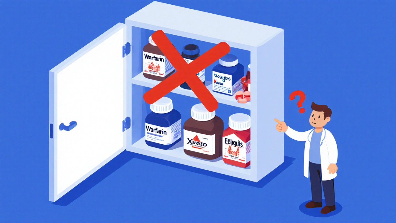 Isometric cartoon medicine cabinet with blood thinners and NSAIDs, giant red X over NSAIDs, doctor warning patient.