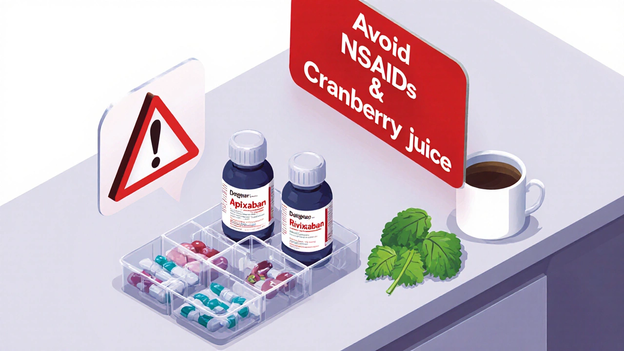 Kitchen counter with DOAC pills and warning signs about food and kidney risks