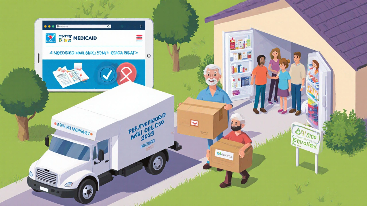 Mail-order pharmacy delivery at home with family checking Medicaid formulary on tablet.