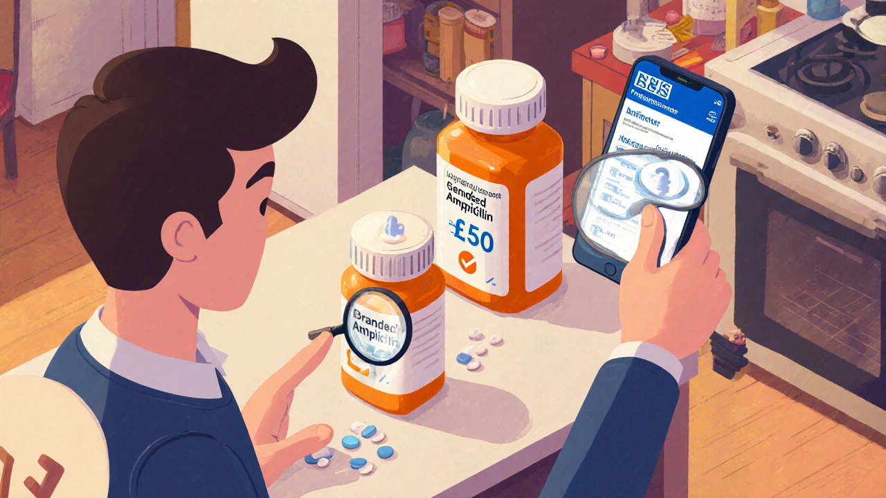 Man comparing generic and branded ampicillin bottles with NHS calculator on phone.