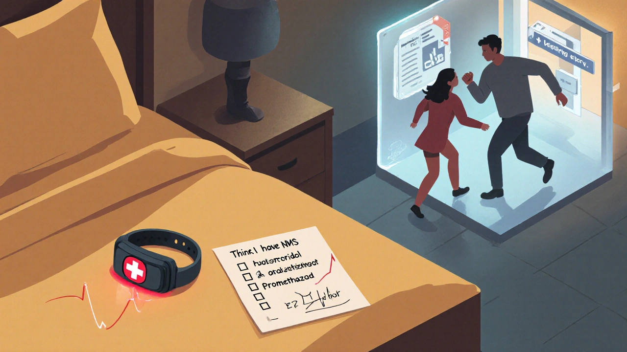 Medical alert bracelet and medication list beside note warning of NMS, AI scanning hospital data