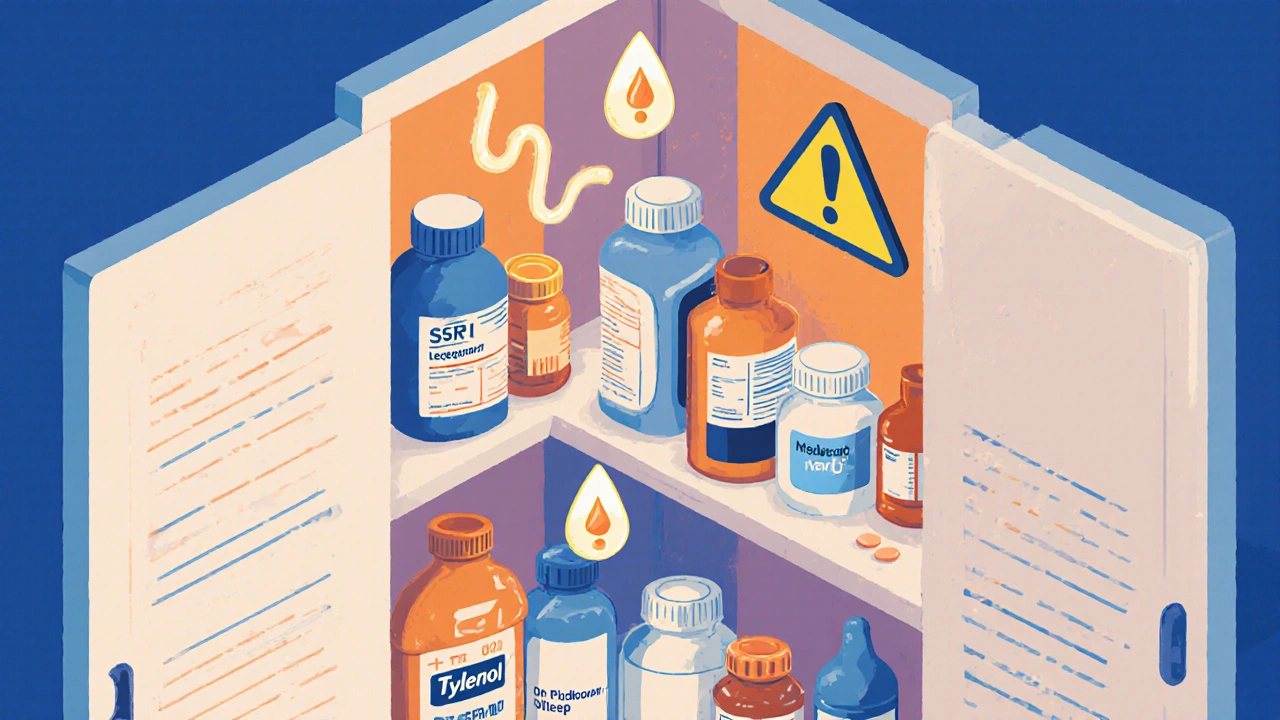 Medicine cabinet with OTC and prescription drugs glowing with danger symbols between them.