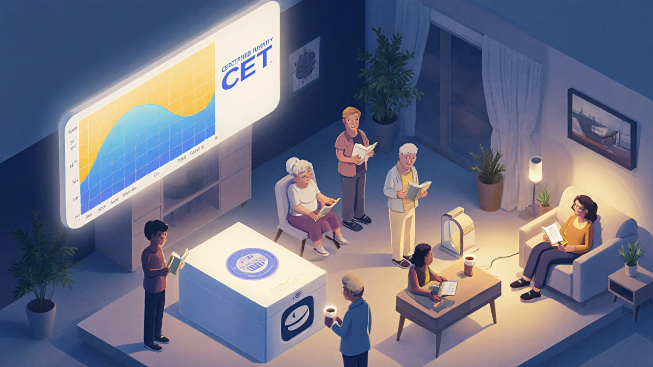 Multiple people using light therapy boxes in a living room, with a circadian rhythm graph above.