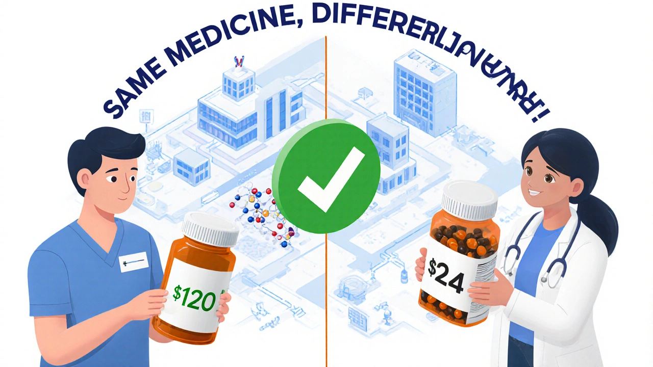 Patient compares branded and generic pills with identical medicine inside, savings flowing to healthcare system.