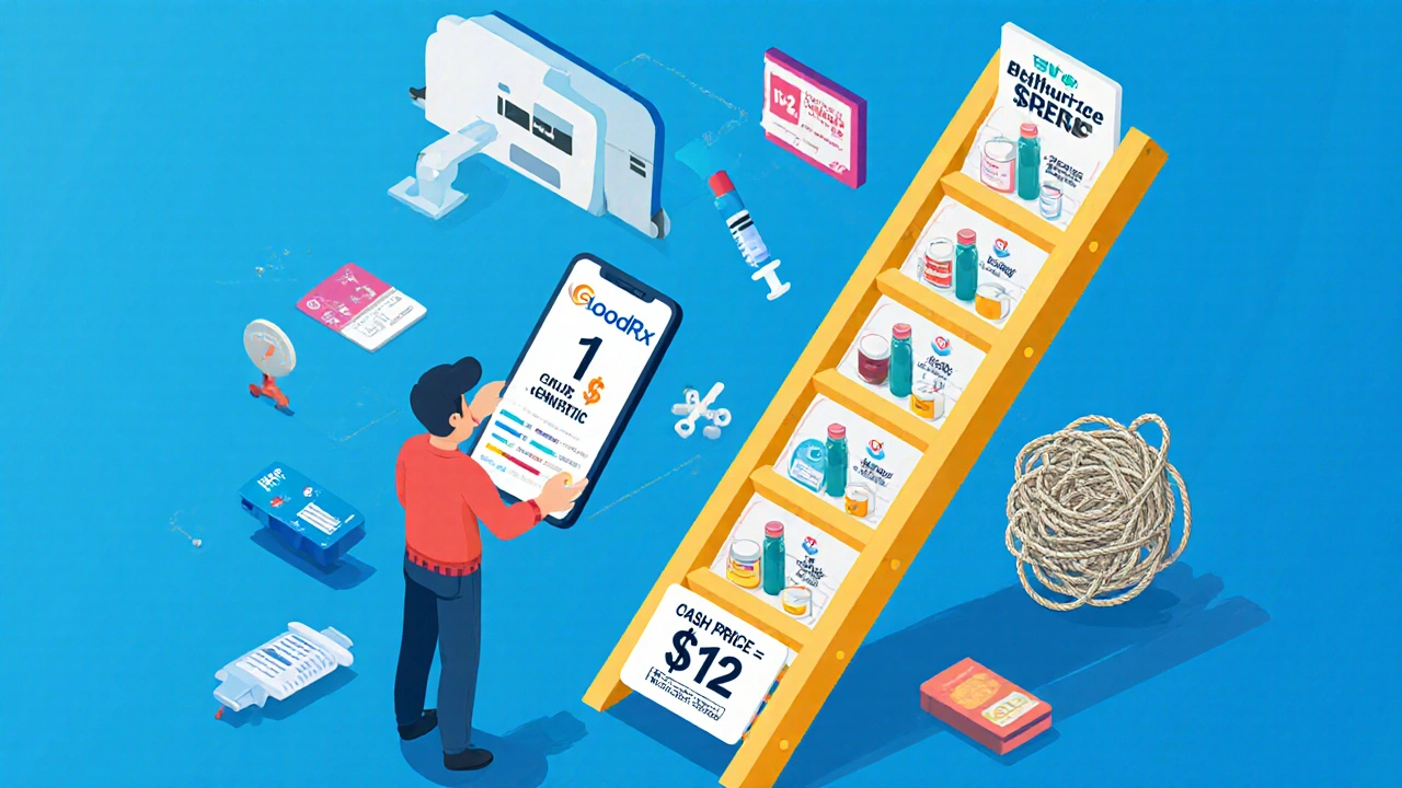 Person comparing drug prices on phone while standing next to insurance tier ladder
