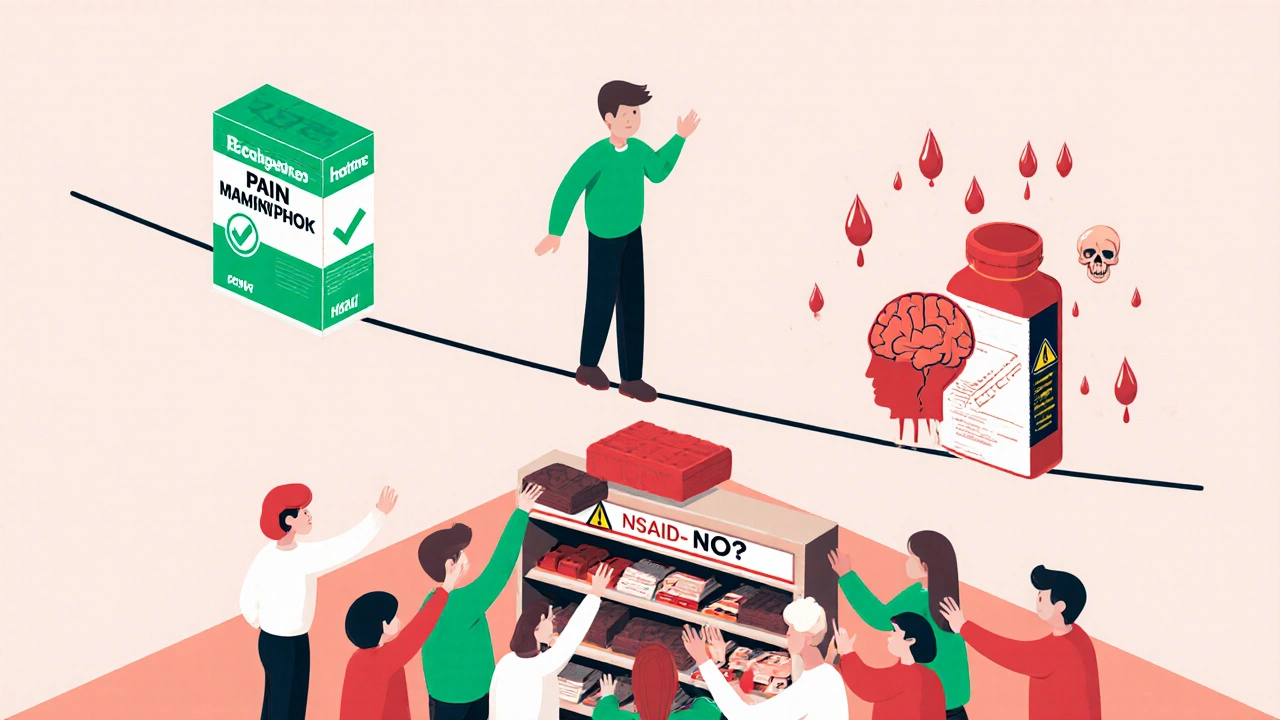 Person on tightrope balancing between safe pain relief and dangerous NSAIDs, with blood droplets falling from NSAID side.