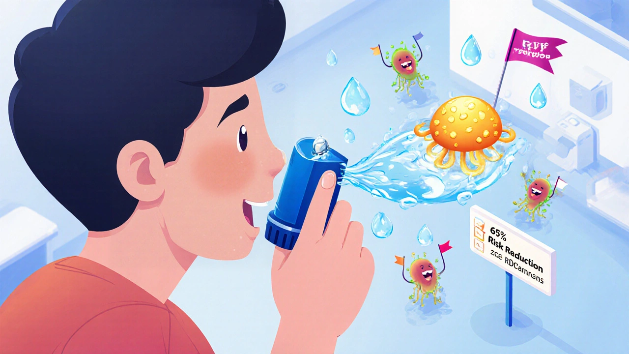 Person rinsing mouth after inhaler use, water washing away fungi, with a 65% risk reduction sign.
