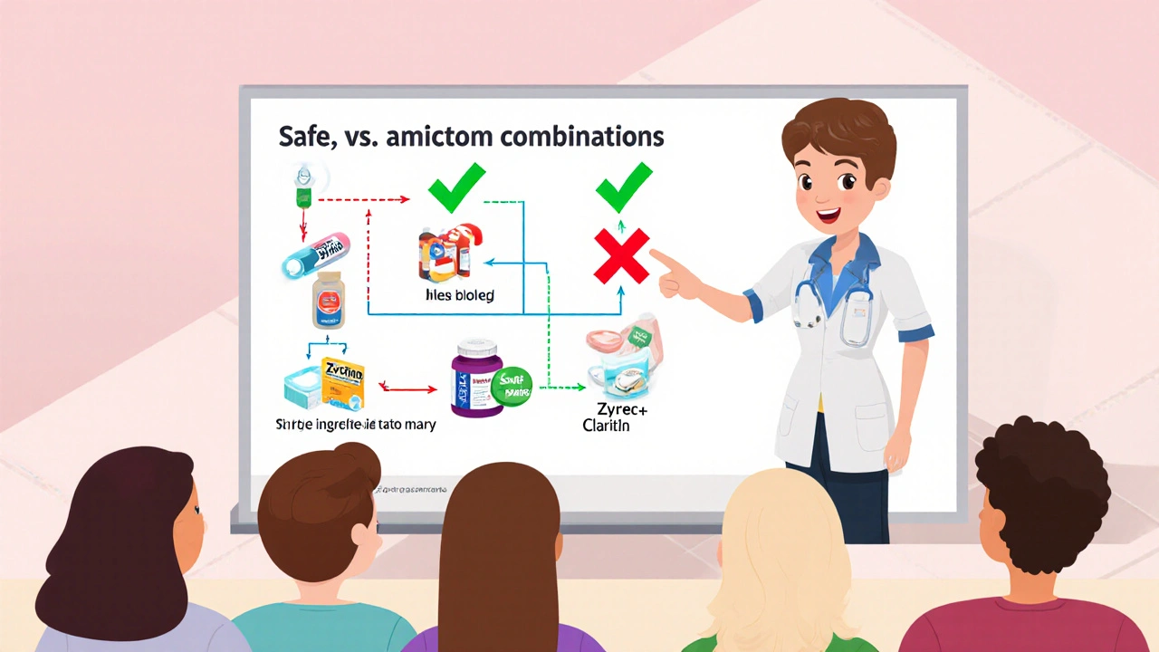 Pharmacist explaining safe medication choices with visual flowchart