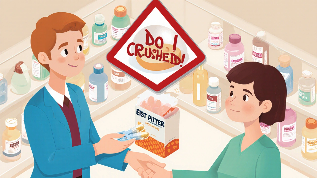 Pharmacist giving labeled pill splitter to caregiver with warning symbol