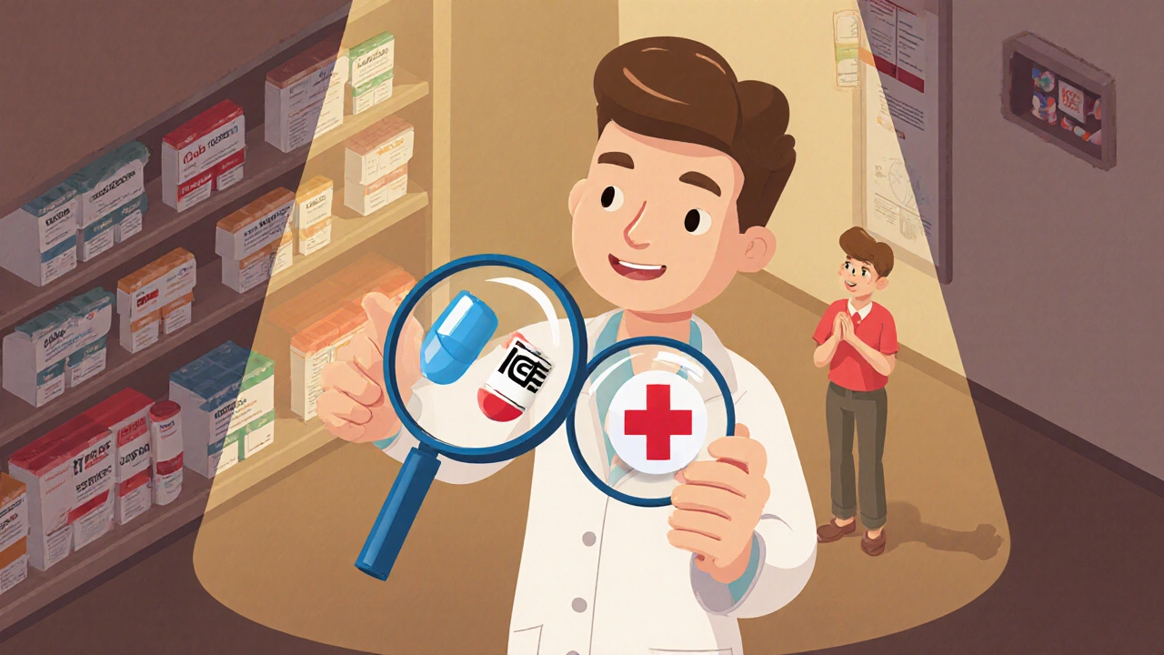 Pharmacist holding two identical pills under a magnifying glass showing matching internal structures.