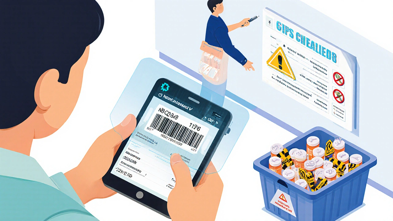 Pharmacist scanning a drug package with digital verification overlay and quarantine bin nearby.