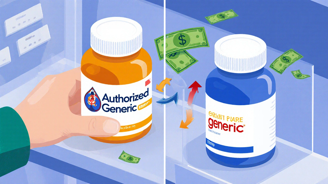 Side-by-side authorized generic and traditional generic pills on a pharmacy shelf with price tags