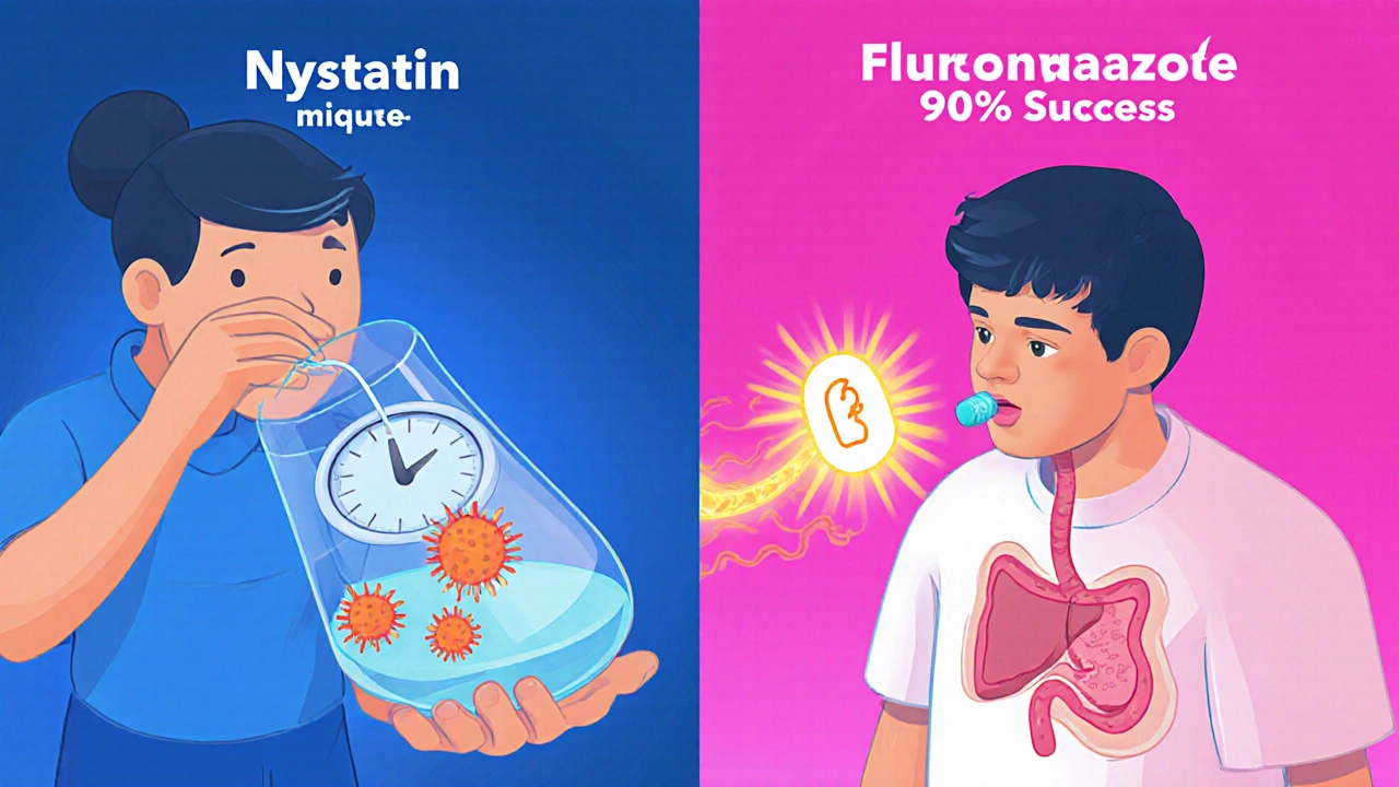 Side-by-side isometric view of nystatin swishing and fluconazole pill treatment for oral thrush.