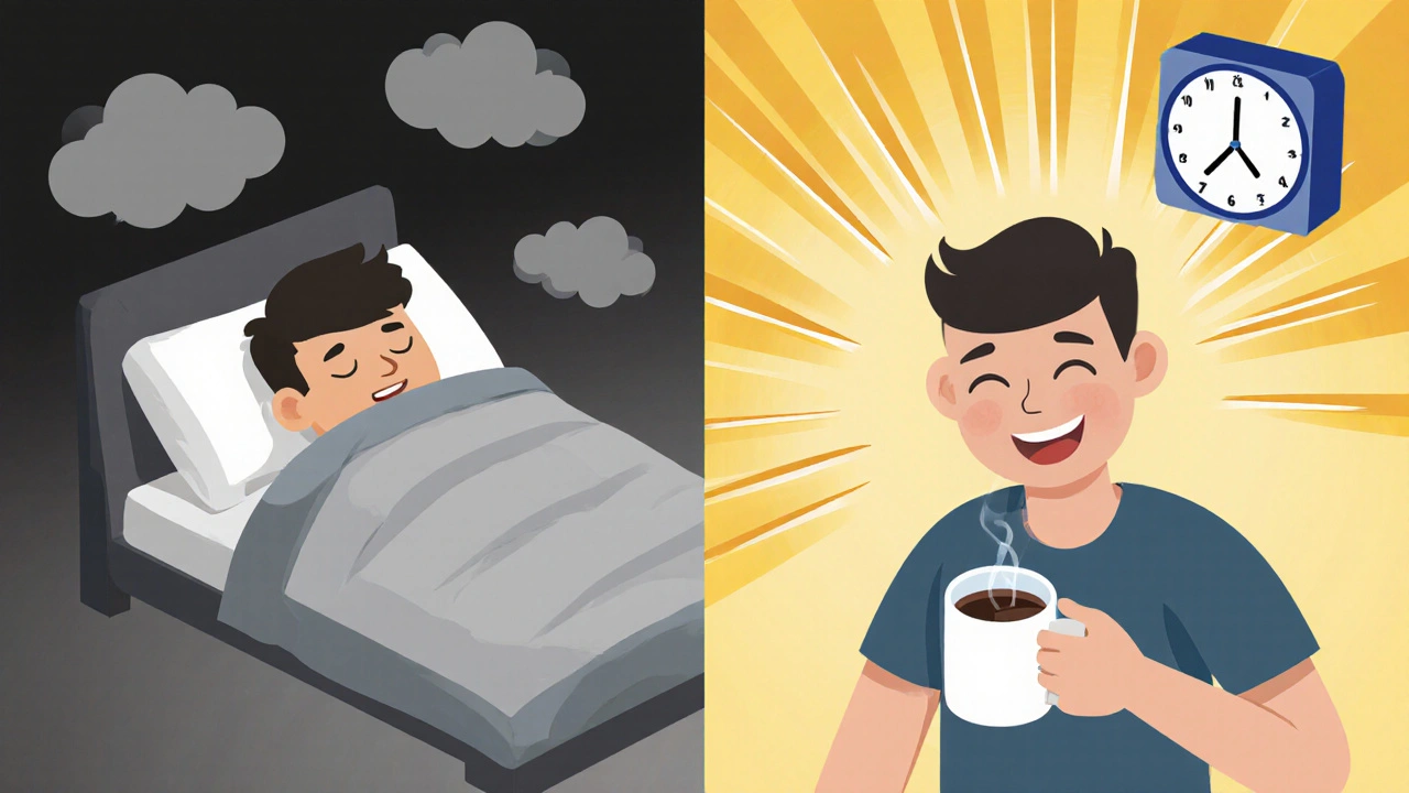 Split scene: person sleeping in darkness vs. awake in bright light with serotonin rays.