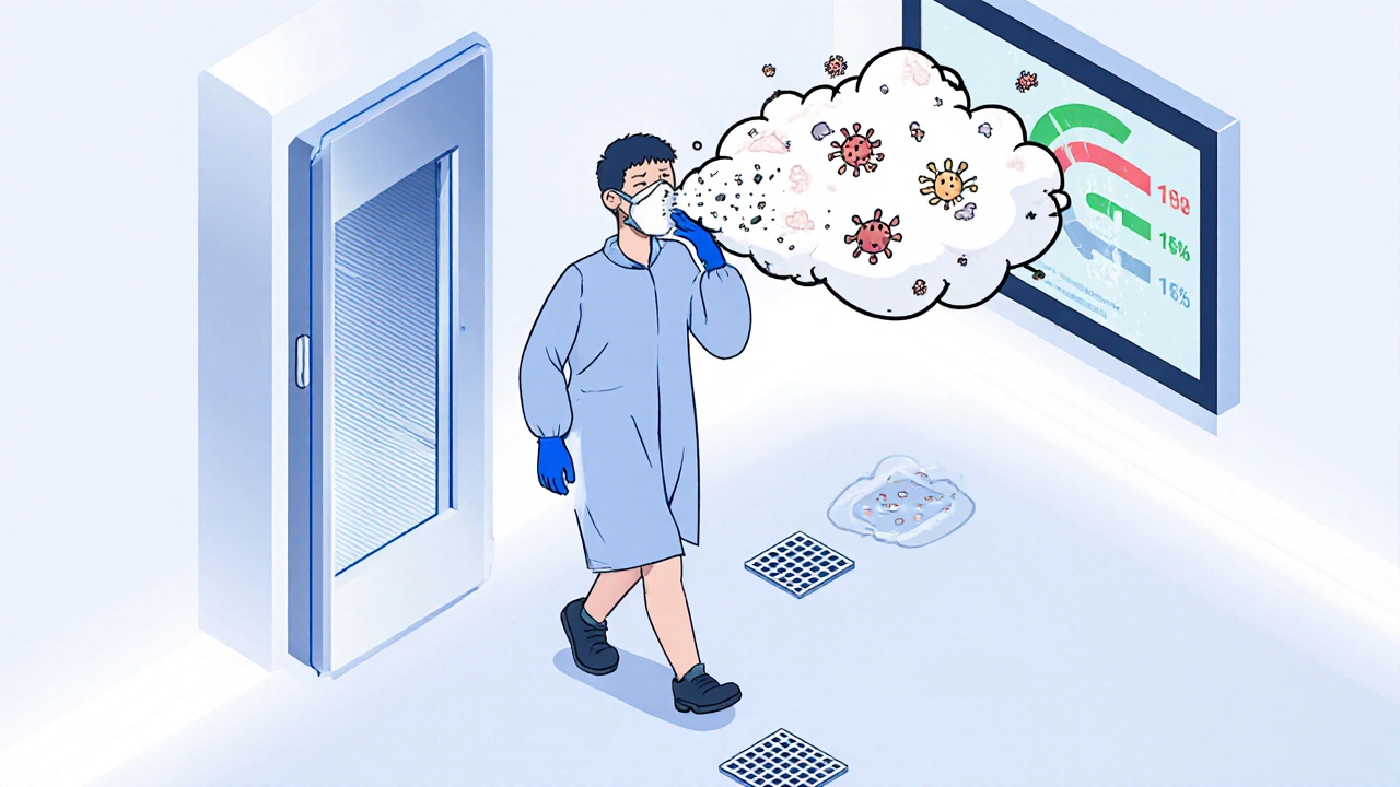 Technician sneezing in a cleanroom gown as airborne contaminants are captured by airflow, with particle counters turning green.