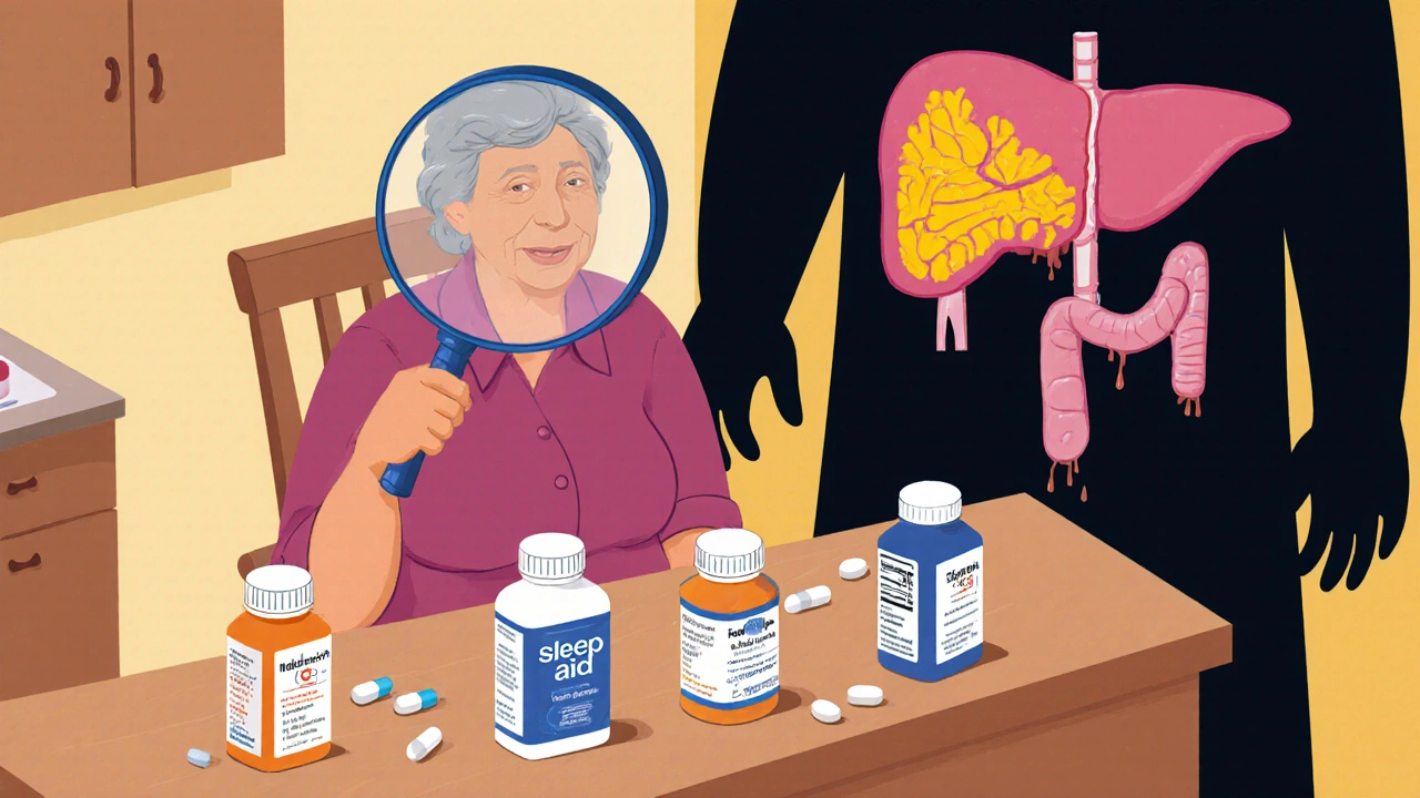 Woman at kitchen table surrounded by OTC pills containing hidden acetaminophen, with a shadowy damaged liver in the background.