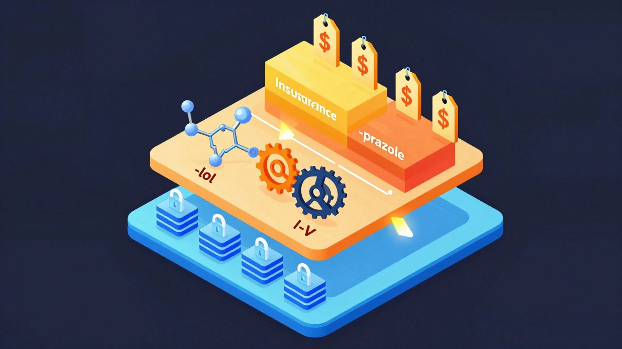 3D diagram showing DEA schedules, pharmacological stems, and insurance tiers as interconnected layers.