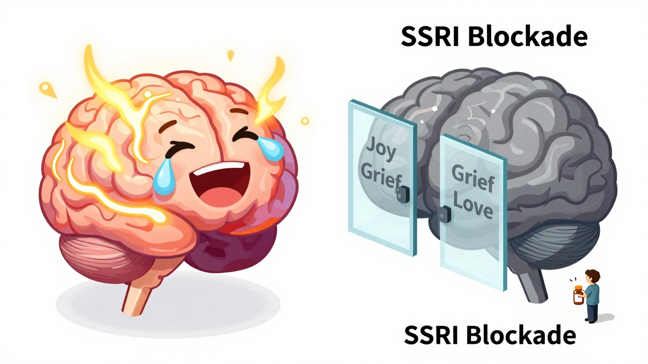 A brain split into two halves: one vibrant with emotions, the other gray and blocked by SSRIs.
