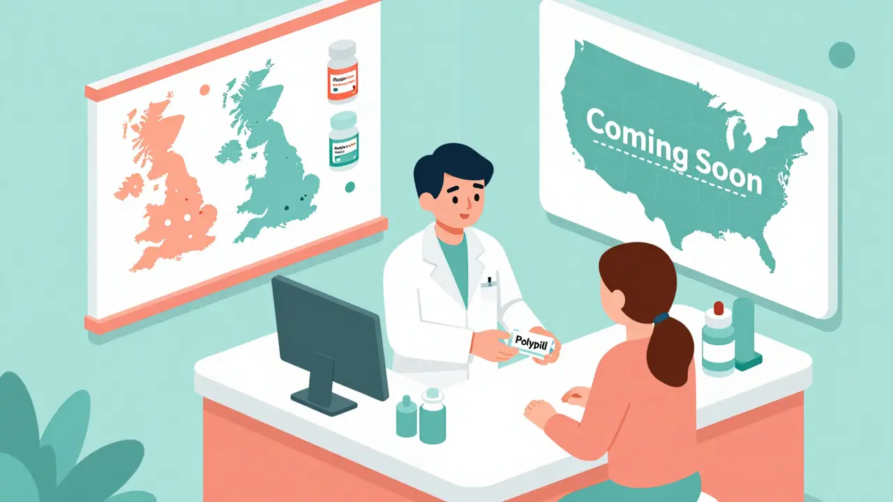 A pharmacist giving a polypill to a patient, with a U.S. map showing limited availability.