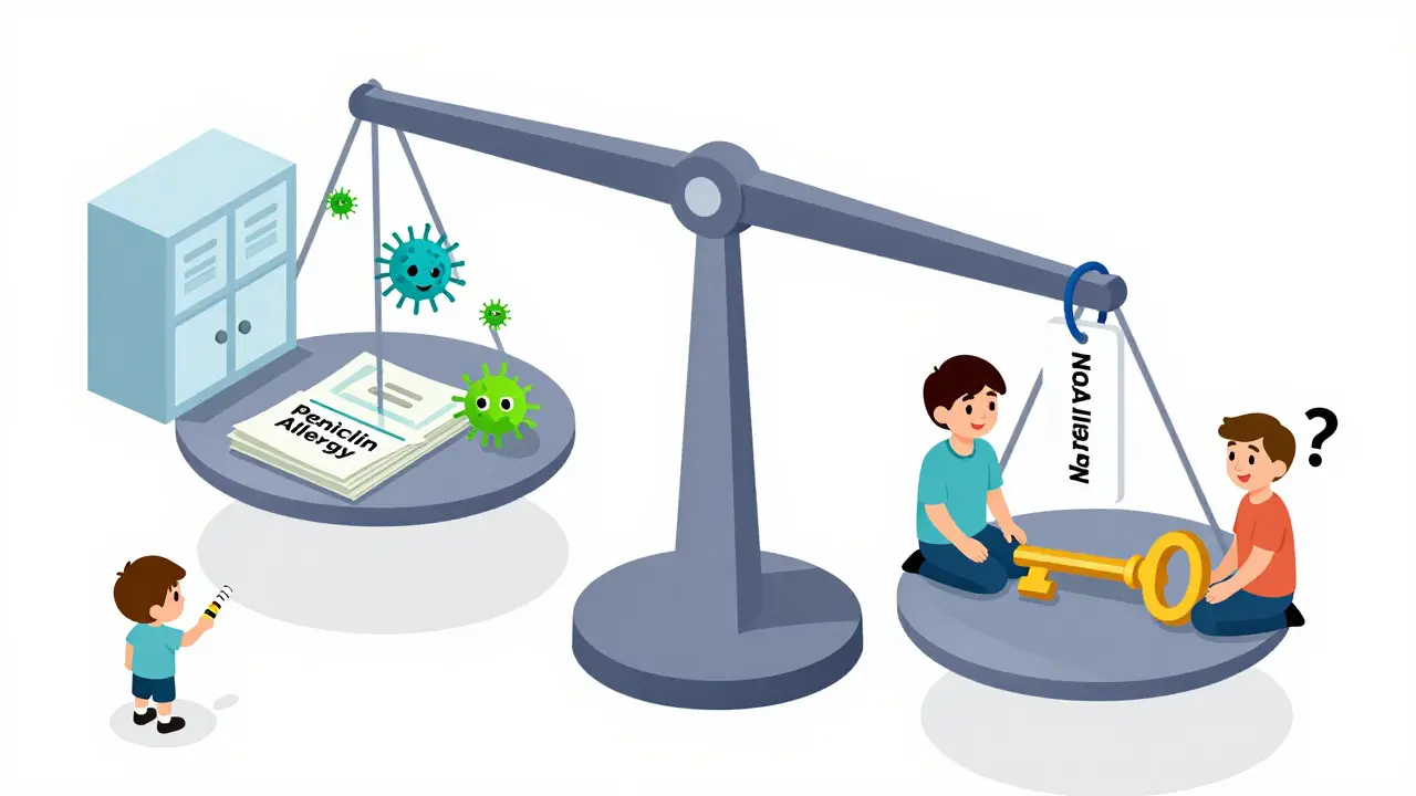 A scale balancing the costs of a mislabeled penicillin allergy against the benefits of accurate testing and safe treatment.
