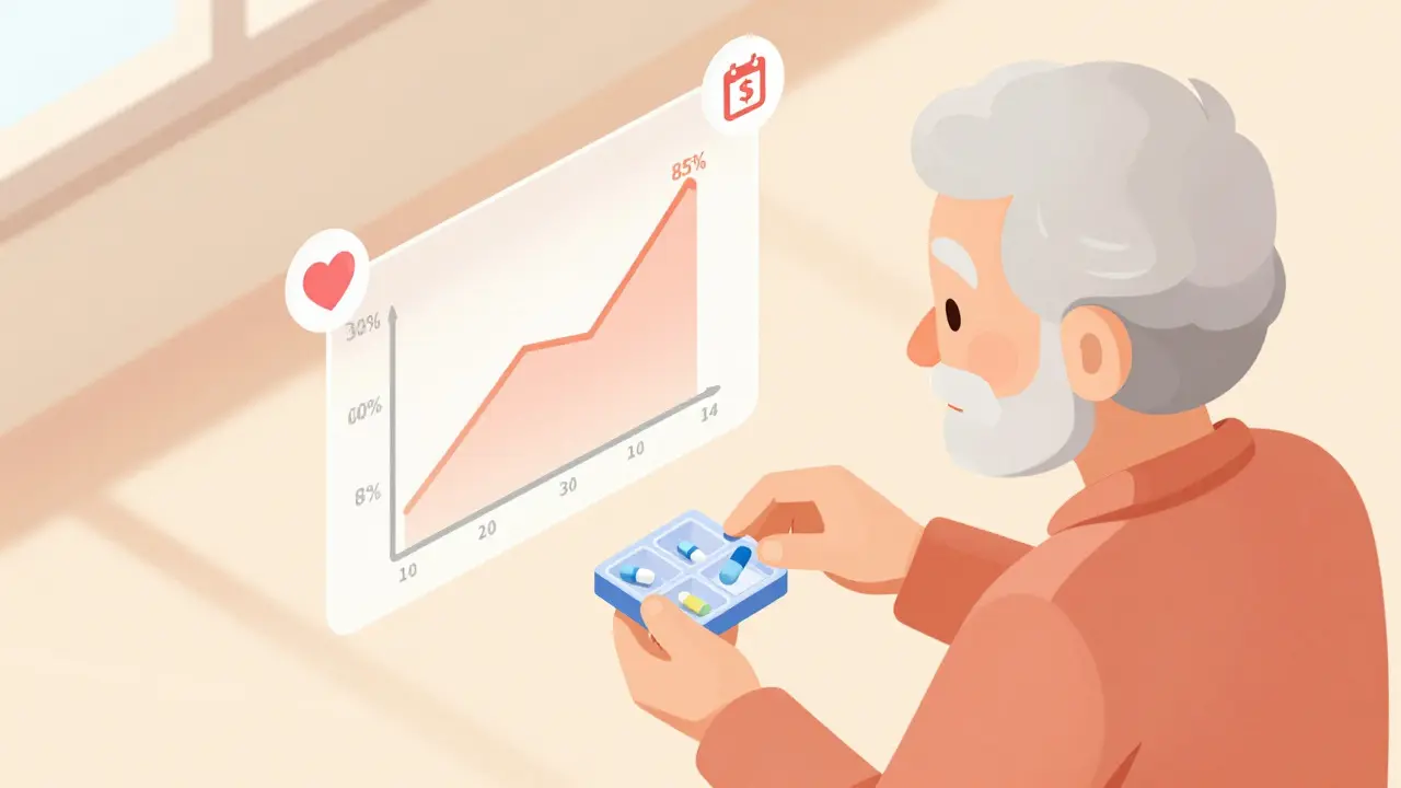 An elderly person holding two combo pills with an adherence graph floating nearby.