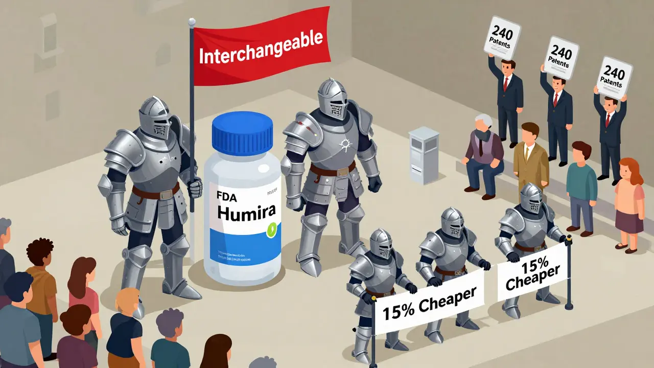 Biosimilar warriors battling biologic knights in a medical battlefield with FDA and patent themes.