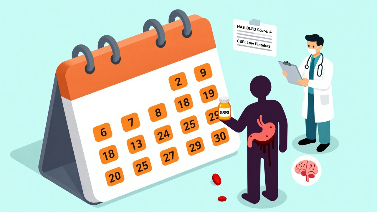 Calendar highlighting first 30 days of SSRI and anticoagulant combo with bleeding symptoms emerging.