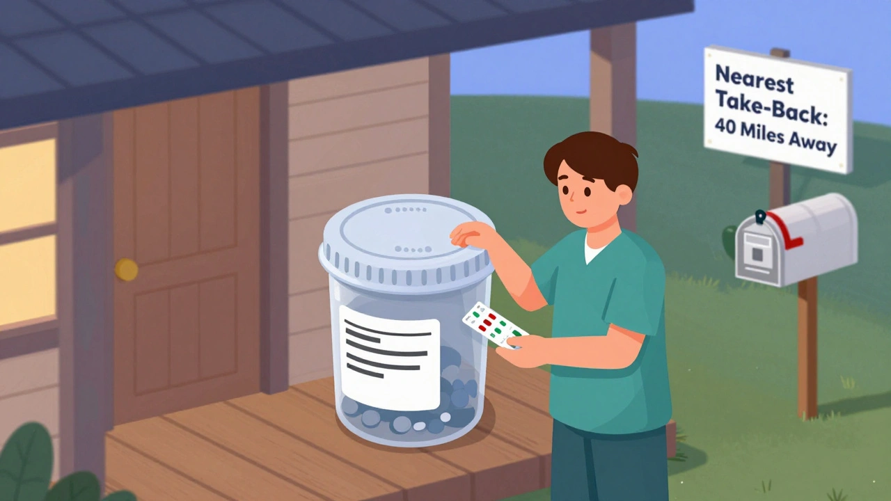 Caregiver in rural home placing expired meds in sealed sharps container, with mail-back kit visible in distance.