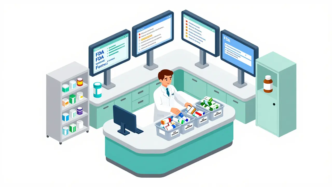 Centralized pharmacy recall center with multiple alert screens and quarantined drugs in labeled bins.