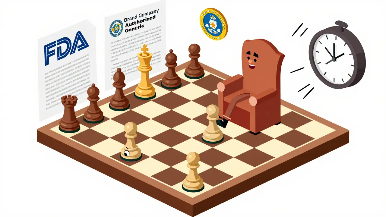 Chessboard scene with a brand company pawn blocking a generic competitor, under FDA and Hatch-Waxman Act symbols.