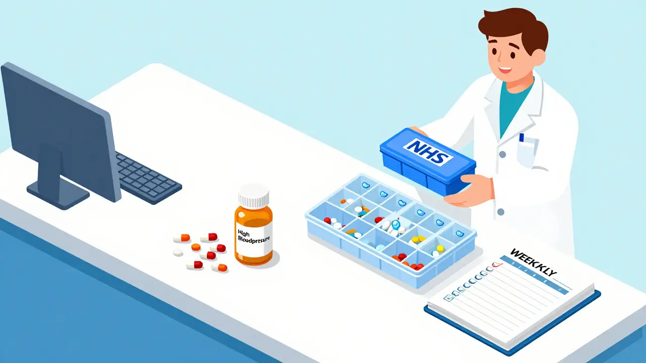Cluttered vs organized medication setup with pharmacist offering help