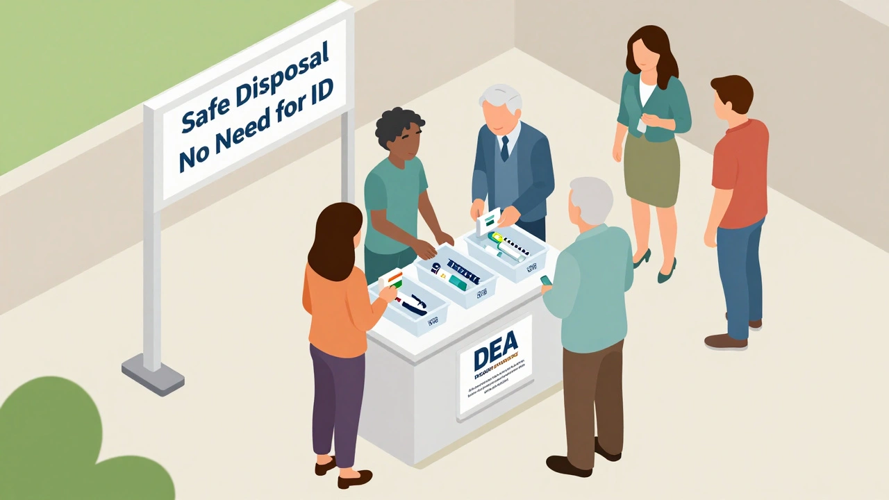 Community members dropping off expired medications at a pharmacy take-back bin during a DEA collection event.