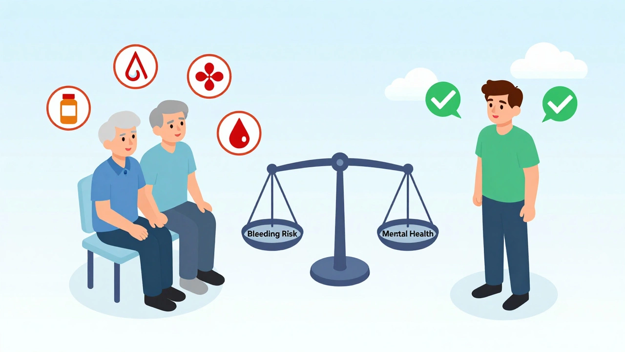 Comparison of high-risk vs. safer antidepressant choices for patients on blood thinners.