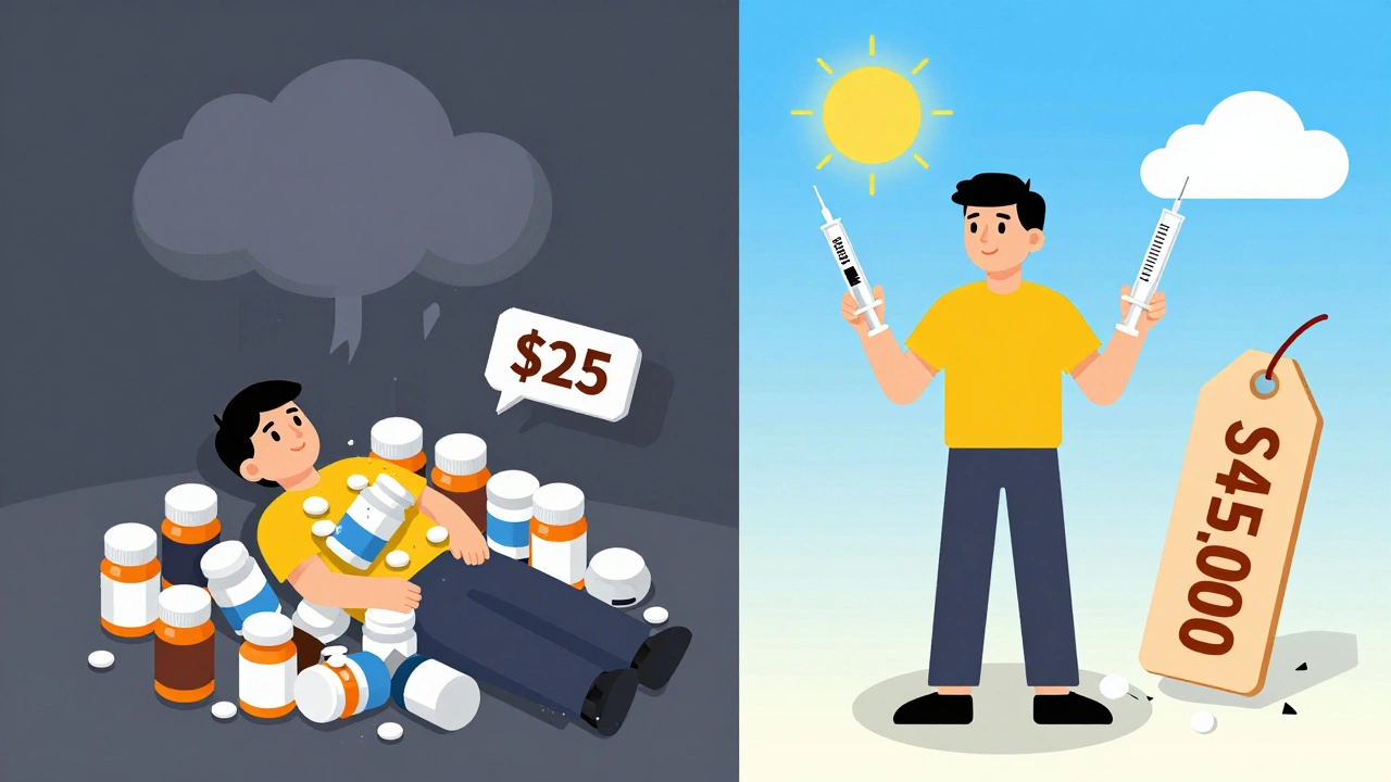 Contrasting past burden of daily pills with modern two-shot treatment and low-cost generic pricing.