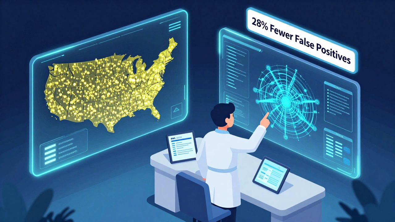 Control room with holograms of claims and registry data, AI scanning for drug safety signals.