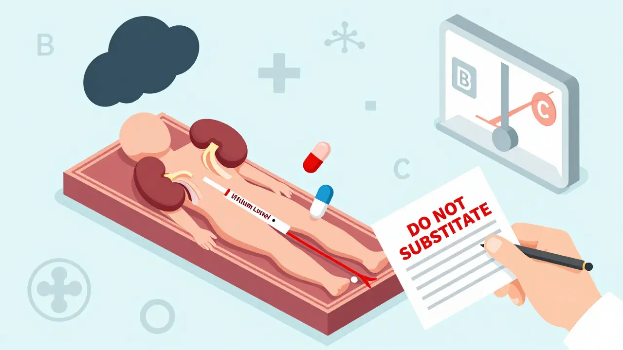 Cross-section of a patient's body showing lithium level fluctuations causing health effects.