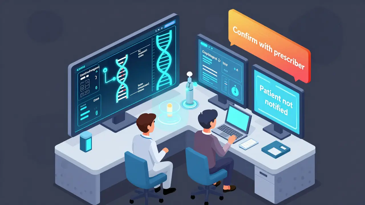 Digital EHR system with AI analyzing patient DNA and suggesting drug swaps, surrounded by alert pop-ups.