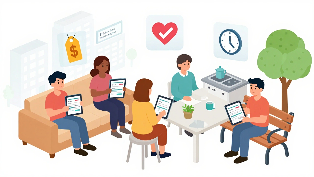 Diverse patients using tablets to compare treatment costs and side effects at home