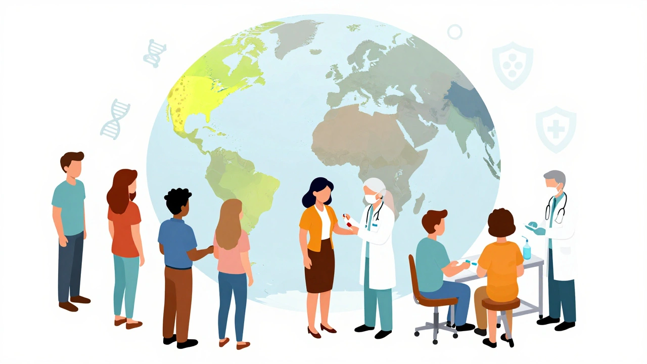 Diverse people receiving HIV injections in a clinic, with a globe showing global access disparities.