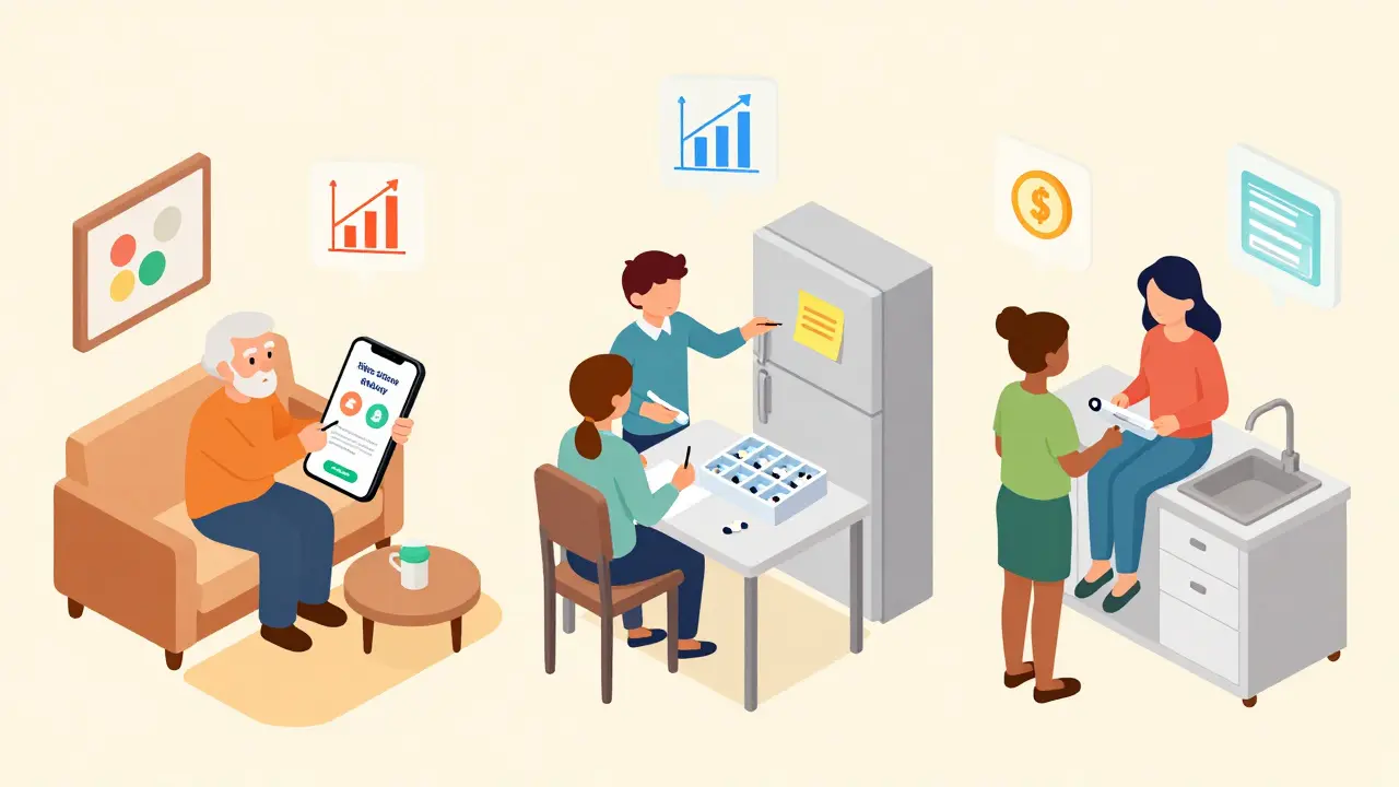 Diverse people using simple tools to track medication adherence daily